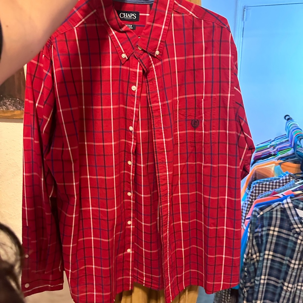 Chaps Men's Red and Blue Plaid Shirt